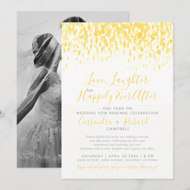 Yellow wedding vow renewal 1 year on happily after invitation (Front/Back)