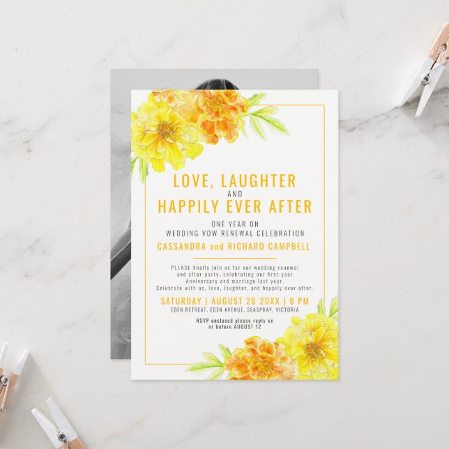 Yellow wedding vow renewal 1 year on happily after invitation (Front/Back In Situ)