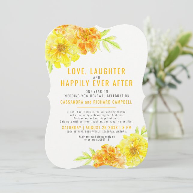 Yellow wedding vow renewal 1 year on happily after invitation (Standing Front)