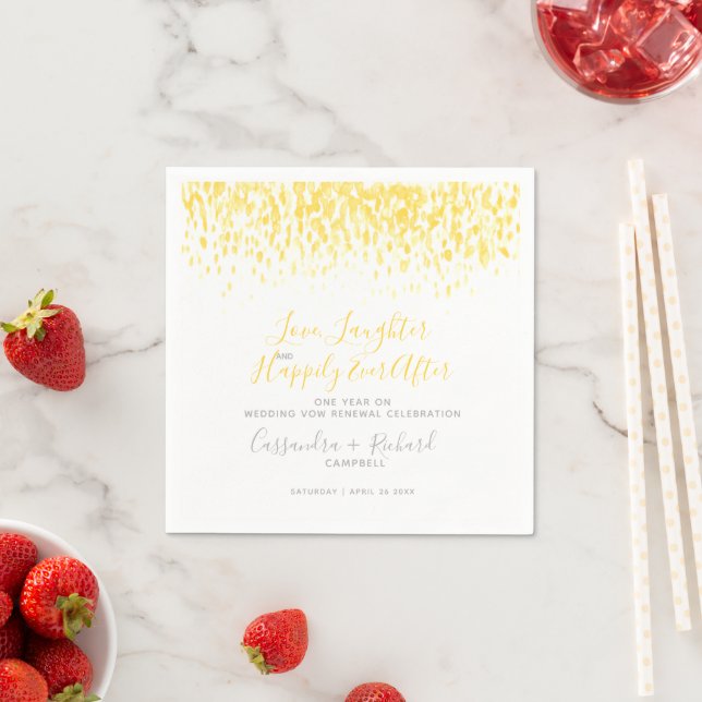 Yellow wedding vow renewal 1 year on happily after napkins (Insitu)