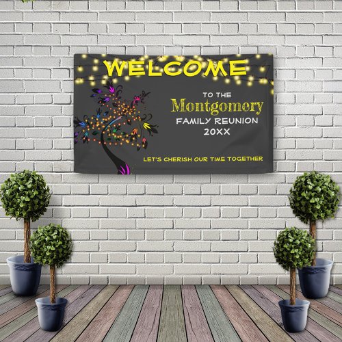 Yellow Welcome Family Reunion Tree Lights Banner
