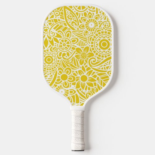 Yellow  White Abstract Floral Tropical Hawaiian Pickleball Paddle