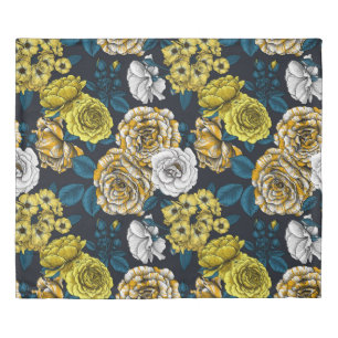 Yellow, white and bi-color roses with blue leaves duvet cover