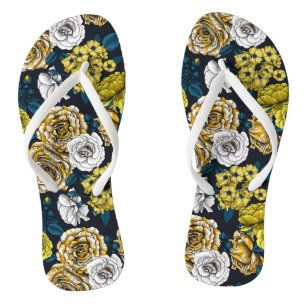 Yellow, white and bi-color roses with blue leaves flip flops