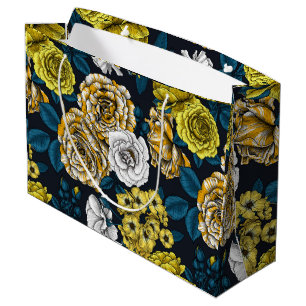 Yellow, white and bi-color roses with blue leaves large gift bag