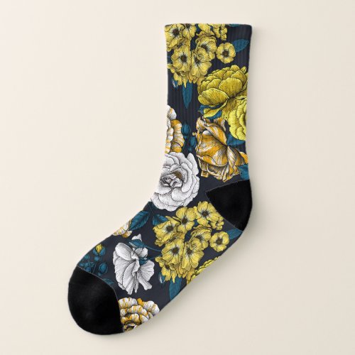 Yellow white and bi_color roses with blue leaves socks