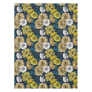 Yellow, white and bi-color roses with blue leaves tablecloth