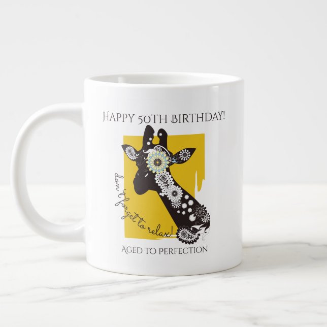 Yellow White and Black Funky Cool Giraffe Birthday Giant Coffee Mug (Left)