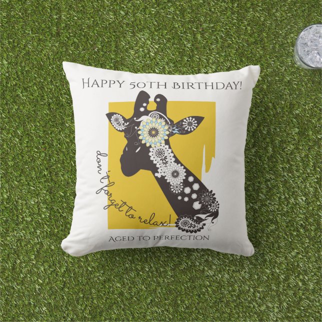 Yellow White and Black Funky Cool Giraffe Birthday Outdoor Pillow (Grass)
