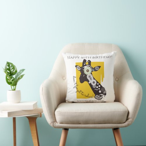 Yellow White and Black Funky Cool Giraffe Birthday Throw Pillow