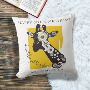 Yellow White and Black Funky Cool Giraffe Birthday Throw Pillow