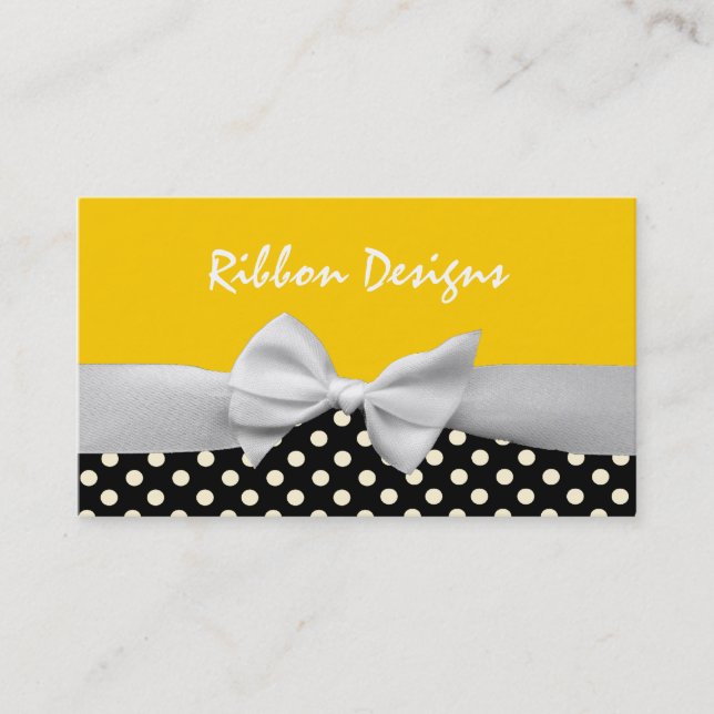 Yellow, white and black ribbon and polka dots business card (Front)