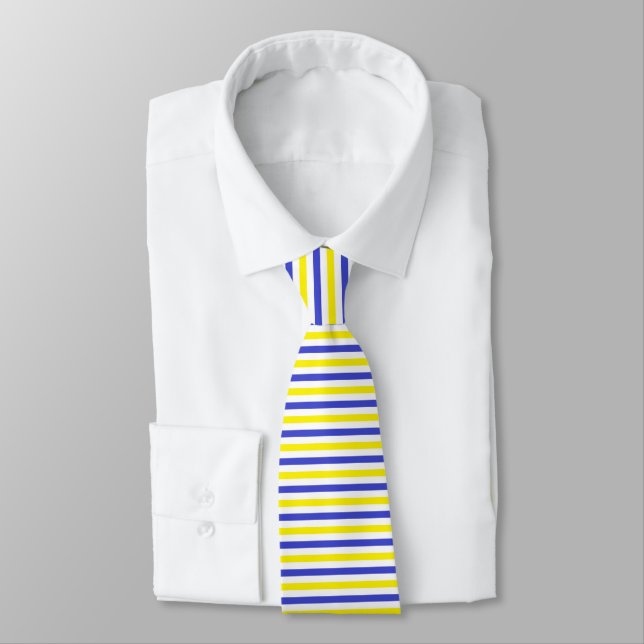 Yellow, White and Blue  Stripes Neck Tie (Tied)