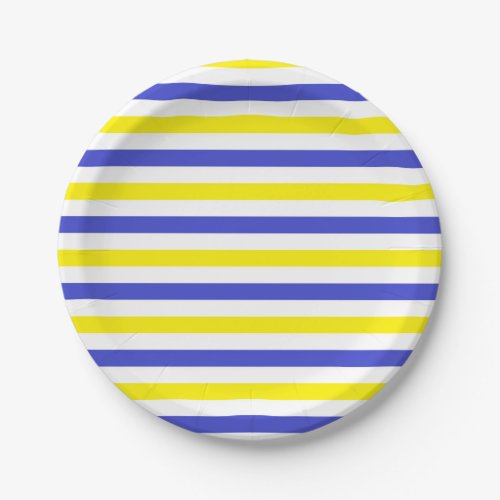 Yellow White and Blue  Stripes Paper Plates