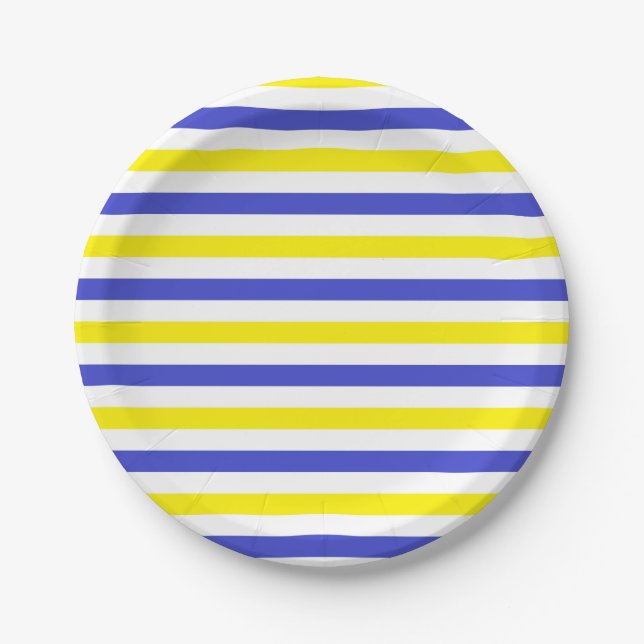 Yellow, White and Blue  Stripes Paper Plates (Front)