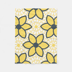 Yellow, White and Charcoal Modern Floral Fleece Blanket