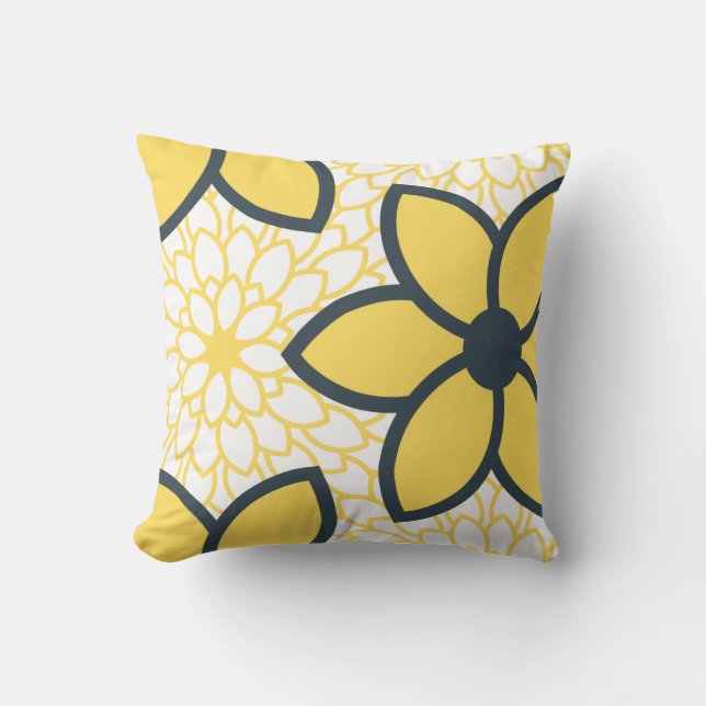 Yellow, White and Charcoal Modern Floral Throw Pillow (Front)