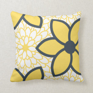 Yellow, White and Charcoal Modern Floral Throw Pillow