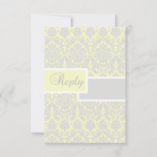 Yellow, White, and Gray Damask Reply Card (Front)