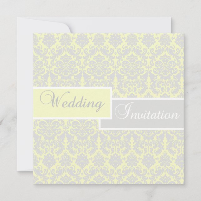 Yellow, White, and Gray Damask Wedding Invitation (Front)