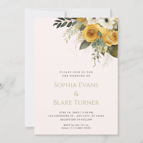Yellow White and Green Floral Blush Wedding Invitation