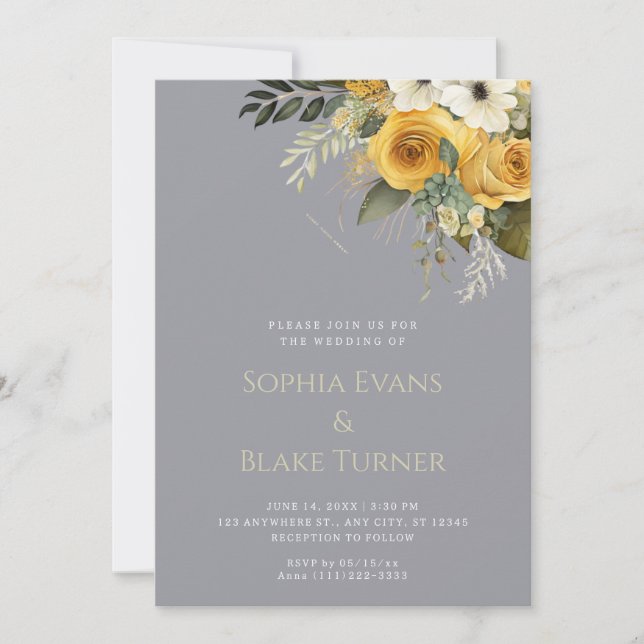 Yellow White and Green Floral Gray Wedding Invitation (Front)