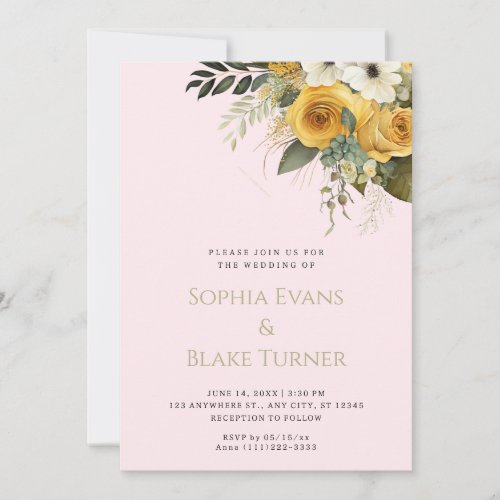 Yellow White and Green Floral Pink Wedding Invitation