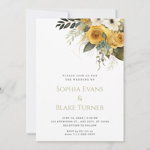 Yellow White and Green Floral White Wedding Invitation