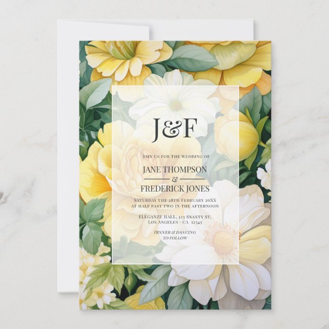 Yellow, White and Greenery Floral Wedding Monogram Invitation (Front)