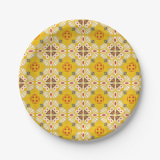 yellow, white, and orange floral and geometric paper plates (Front)