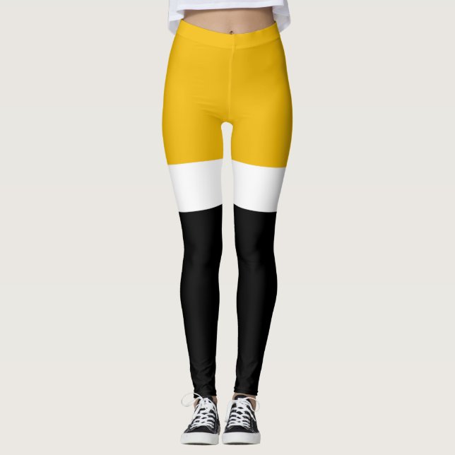 Yellow White Black Color Block Style Design  Leggings (Front)