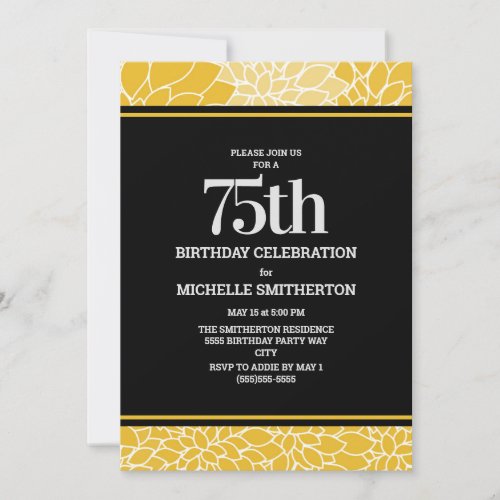 Yellow White Black Floral 75th Birthday Party Invitation