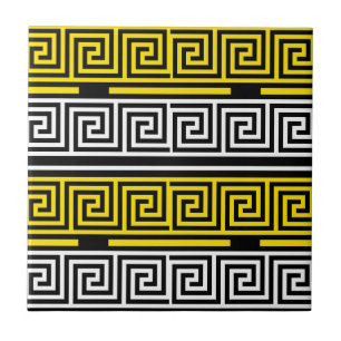 Yellow White Black Greek Key Fret Pattern Design Ceramic Tile