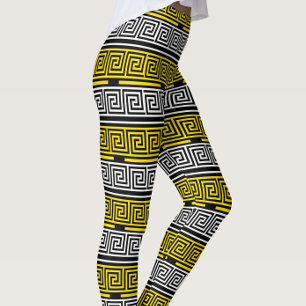 Yellow White Black Greek Key Fret Pattern Design Leggings