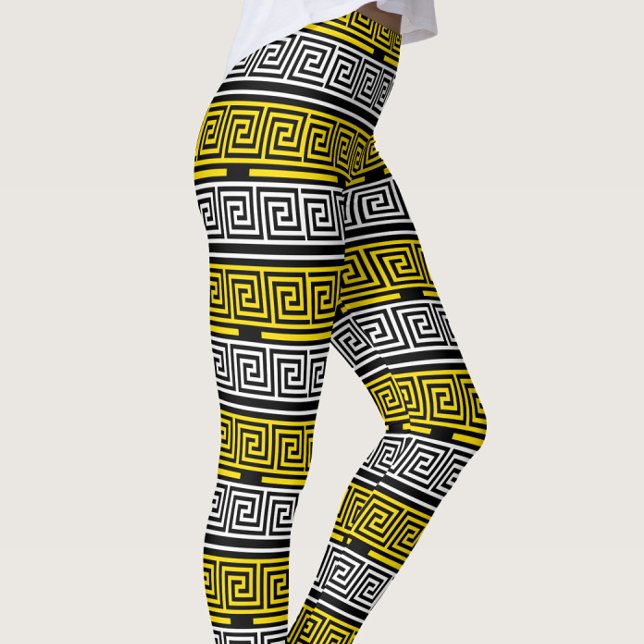 Yellow White Black Greek Key Fret Pattern Design  Leggings (Creator Uploaded)
