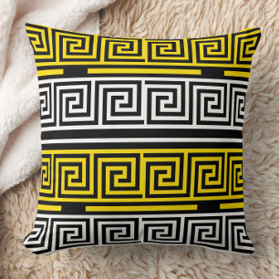 Yellow White Black Greek Key Fret Pattern Design Throw Pillow