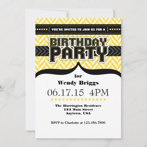 Yellow White Black Herringbone Birthday Invite