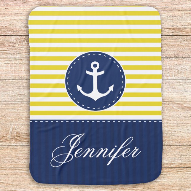 Yellow White  Blue Anchor With Personalized Name Receiving Blanket (Creator Uploaded)