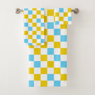 Yellow White Blue Checkered Design Bath Towel Set