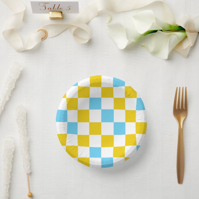 Yellow White Blue Checkered Design  Paper Bowls (Wedding)