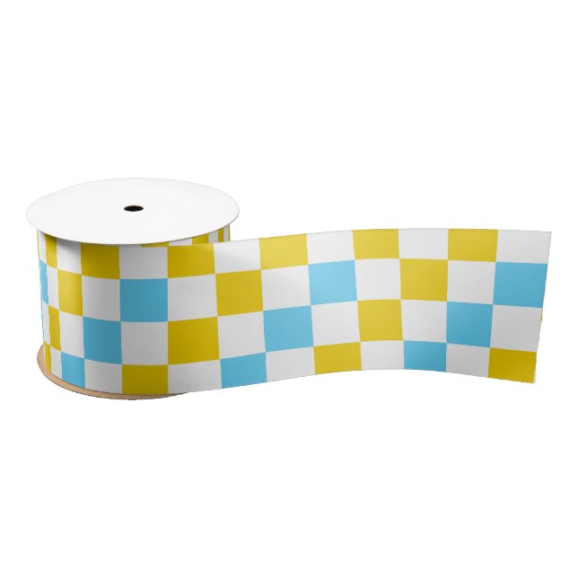 Yellow White Blue Checkered Design  Satin Ribbon (Spool)