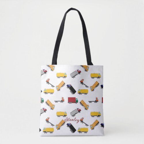 Yellow White Boys Name Personalized Truck Tote Bag