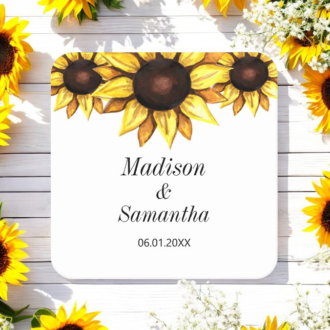 Yellow White Bride Groom Sunflower Wedding Square Paper Coaster (Creator Uploaded)
