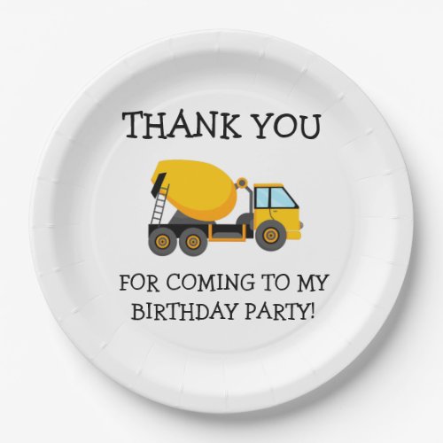Yellow White Cement Truck Childs Birthday Thanks Paper Plates