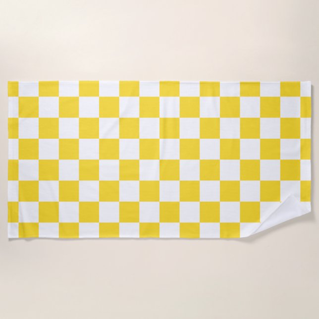 Yellow White Check Checkered Checkerboard Pattern Beach Towel (Front)