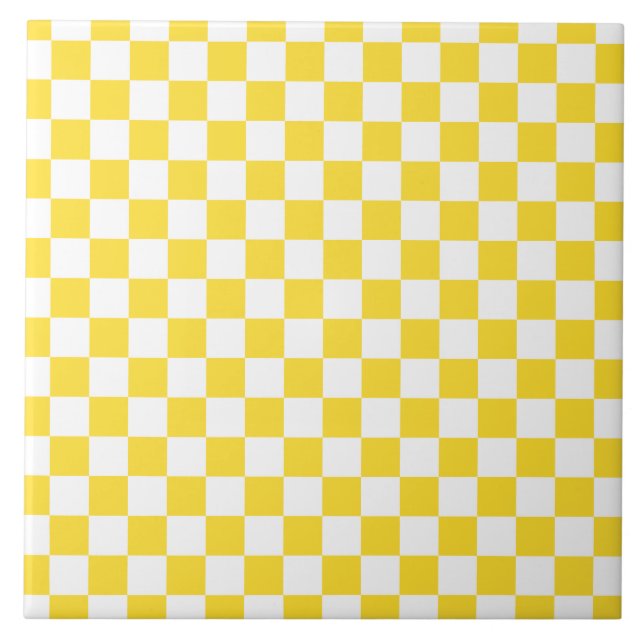Yellow White Check Checkered Checkerboard Pattern Ceramic Tile (Front)