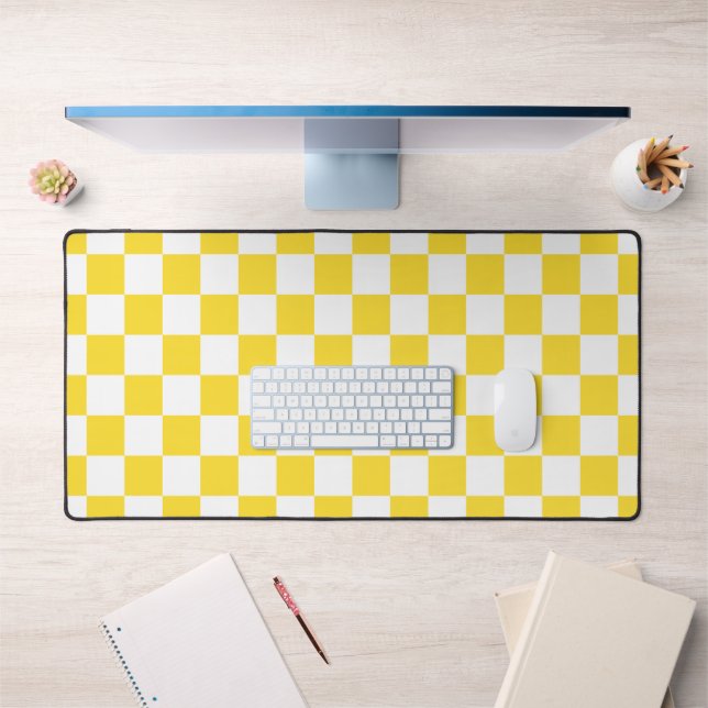 Yellow White Check Checkered Checkerboard Pattern Desk Mat (Office 1)