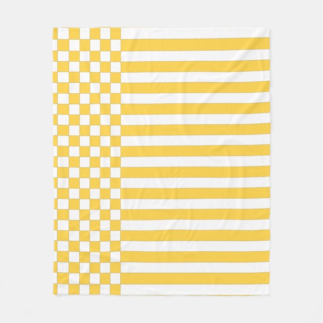 Yellow & White Checker & Stripes Repeat Pattern Fleece Blanket (Front)