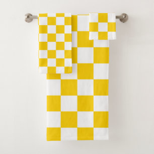 Yellow White Checkered Check Pattern Bath Towel Set