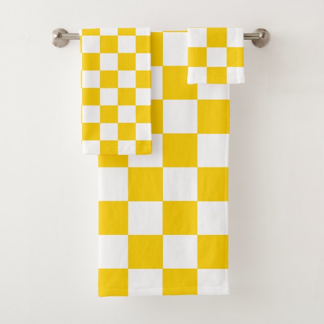 Yellow White Checkered Check Pattern Bath Towel Set (Insitu)